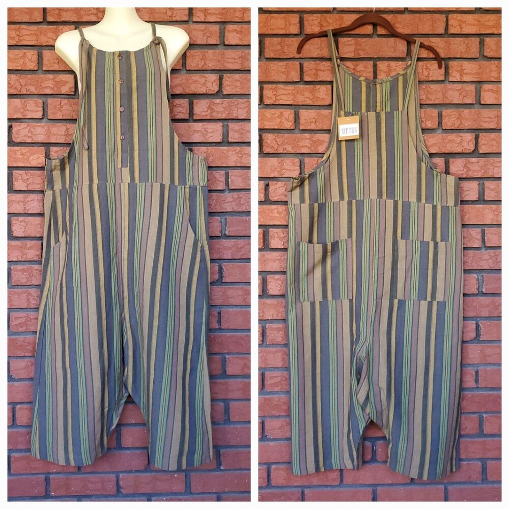 Lakhays Harem Pants Overalls S/M Striped Indie Boho Slouchy Granola Cotton NWT